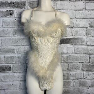 Vintage 80s Fantasy Lingerie Sheer Lace Fur Trim Teddy Sexy Thong Bodysuit